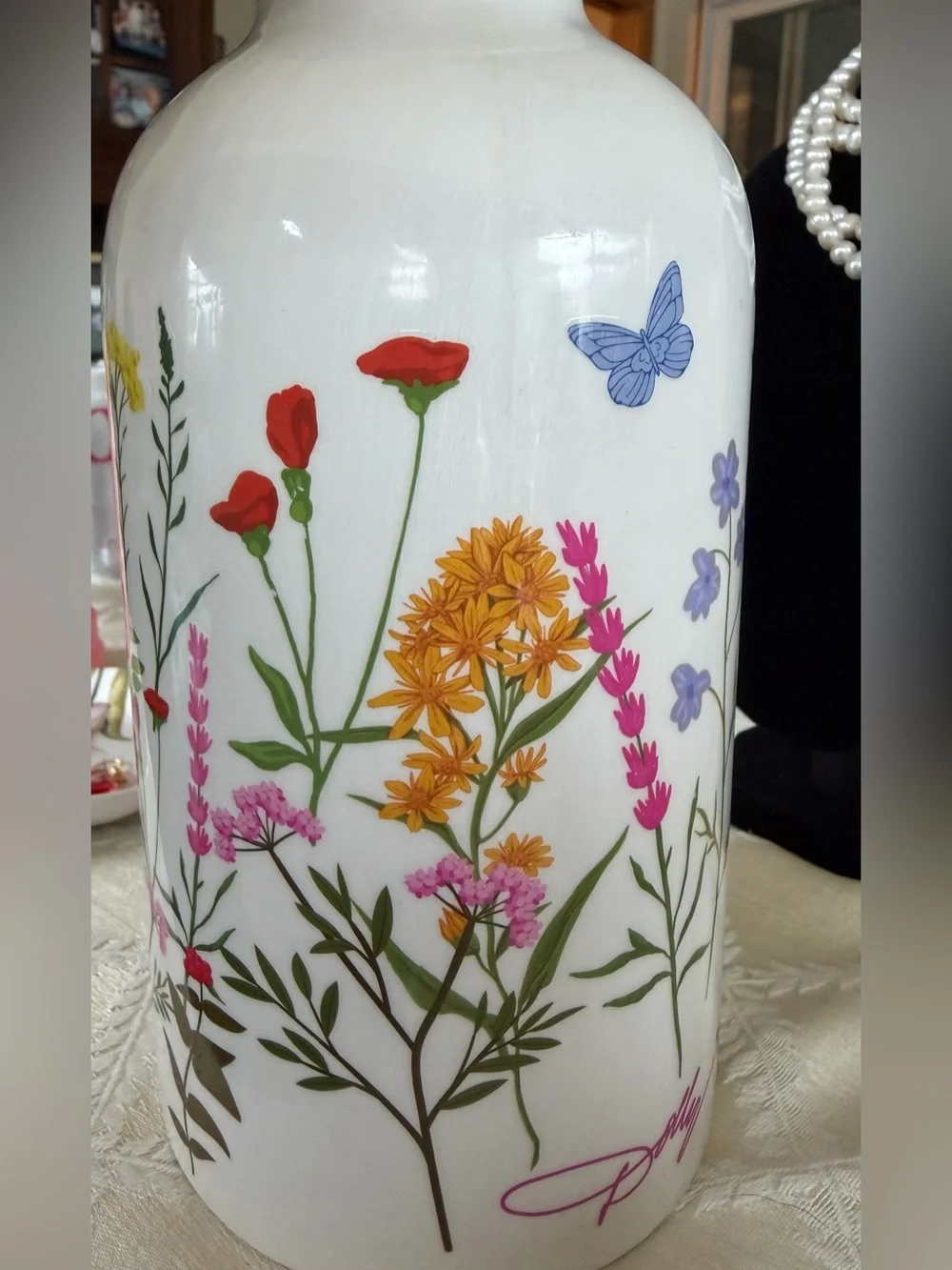 Dolly Parton White Ceramic Vase with Purple and Pink Wildflower Print, New